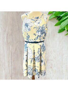 R & K Summer Dress 12P Fit and Flare Sleeveless Belted Lined Yellow Blue Striped